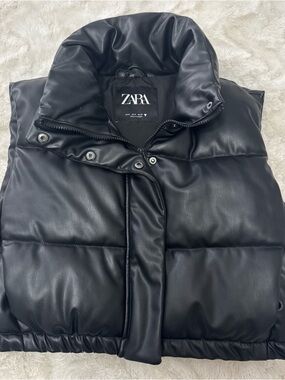 ZARA Black Faux-Leather Puffer Vest with High Collar